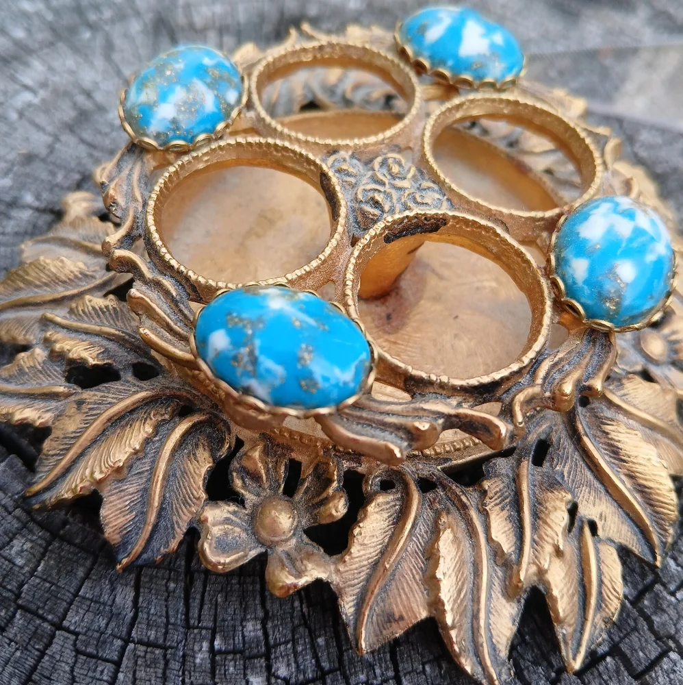 Vintage Lipstick Holder For Vanity Tray Boudoir RARE Brass Turquoise Bohemian